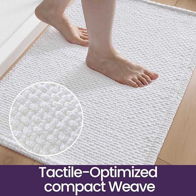 DEXI Bathroom Rugs 20x32, Non Slip Washable Bath Mat, Absorbent Chenille Bathmat, Ultra Soft Thick Carpet for Tub Shower Floor, White - ModernBath