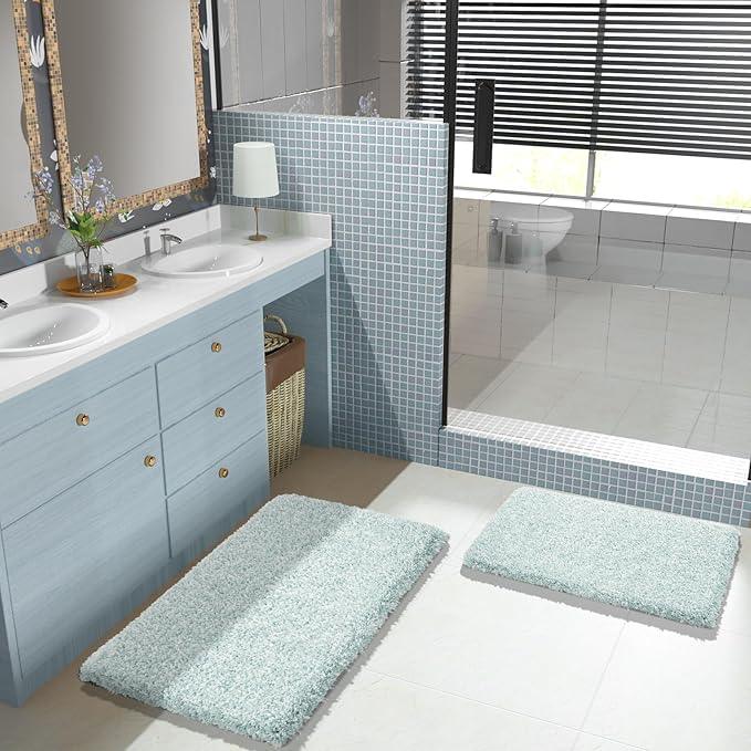 Yimobra Bathroom Rug Set 2 Piece, Soft Absorbent Microfiber Bath Mat Set, Non Slip Machine Washable Dry, Plush Shaggy Shower Rugs for Bathroom Floor, 32"x20"+24"x17", Sky Light Blue & White - ModernBath