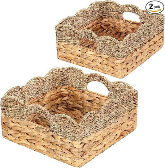 Scalloped Baskets (Natural-Set of 2) Wicker Basket For Decor, Basket Living Room Organizer, Bathroom, Bedroom, Laundry,... Water Hyacinth Mix Seagrass Storage Baskets with Built-in Handles. - ModernBath