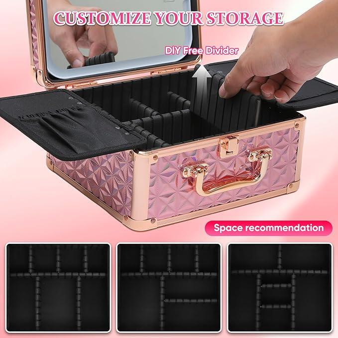 Yooaye Makeup Box with Detachable Lighted Mirror–Travel Train Case, Cosmetic Storage Organizer & Makeup Suitcase with Adjustable Dividers & Magnetic LED Mirror (Pink) - ModernBath