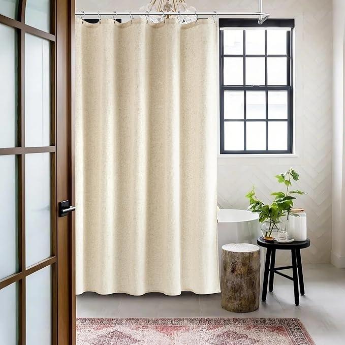 Jowels Natural Linen Shower Curtain, Boho Farmhouse Shower Curtain Set for Bathroom, 200GSM Luxury Weighted Water Resistant Fabric Textured Shower Curtains with 12 Metal Hooks, 72Wx72H - ModernBath