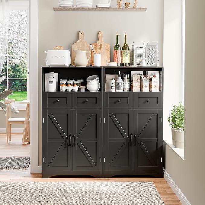 SUPER DEAL Farmhouse Storage Cabinet, Bathroom Floor Cabinet Kitchen Pantry with Doors and Drawers, Hutch Cupboard for Living Room, Bedroom, Laundry, Black - ModernBath