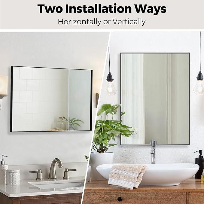 Bonverre 30x40 Inch Black Bathroom Mirror for Wall, Aluminum Frame Rectangle Rectangular Vanity Mirror, Modern Large for Bedroom, Living Room, Horizontal or Vertical - ModernBath