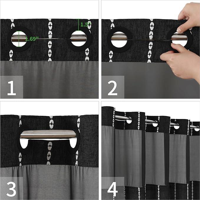 eachope No Hook Extra Long Shower Curtain Set with Snap-in Liner,Linen Textured Thick Striped Fabric with Tassels,Boho Chic Modern Farmhouse Bathroom Curtain,Water-Repellent,Black,71x86 - ModernBath