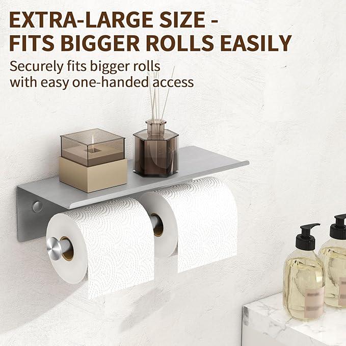YUMORE Toilet Paper Holder, 304 Stainless Steel Bathroom Double Roll Tissue Holder with Shelf, Wall Mounted Washroom Dual TP Dispenser Storage, Flushable Wipes Dispenser, Brushed Nickel Finish - ModernBath