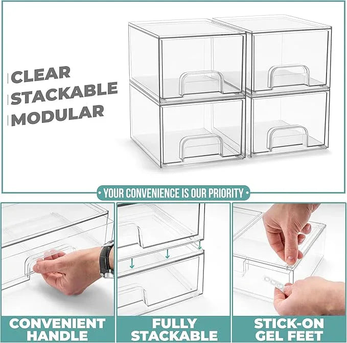 Sorbus Acrylic Storage Containers - 4 Pack, Stackable Storage Bins Set for Bathroom Organization - Clear Acrylic Drawer Organizers - Makeup Case Pull-Out Drawers (4.4’’ Tall) - ModernBath
