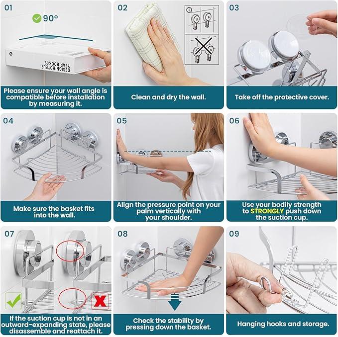 TAILI 2 Pack Powerful Suction Cup Corner Shower Caddy, Stainless Steel Rustproof Shower Shelf with Hook, Drill-Free Wall Mounted Basket, Large Capacity Removable Suction Cup Bathroom Organizer, Silver - ModernBath