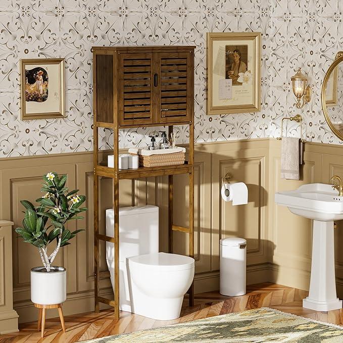 SMIBUY Bathroom Storage Shelf with Cabinet, Bamboo Over-The-Toilet Organizer Rack, Freestanding Toilet Space Saver with 3-Tier Adjustable Shelves (Walnut) - ModernBath