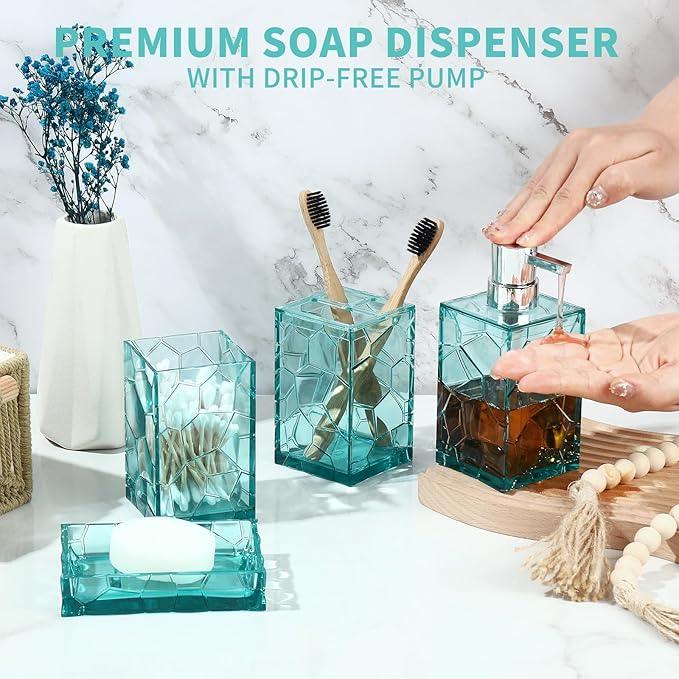GAHEFY Teal Blue Beach Bathroom Accessories Set with Toothbrush Holder, Soap Dispenser, Tumbler, Soap Dish, Turquoise Bathroom Decor,Acrylic (Teal-4pcs) - ModernBath