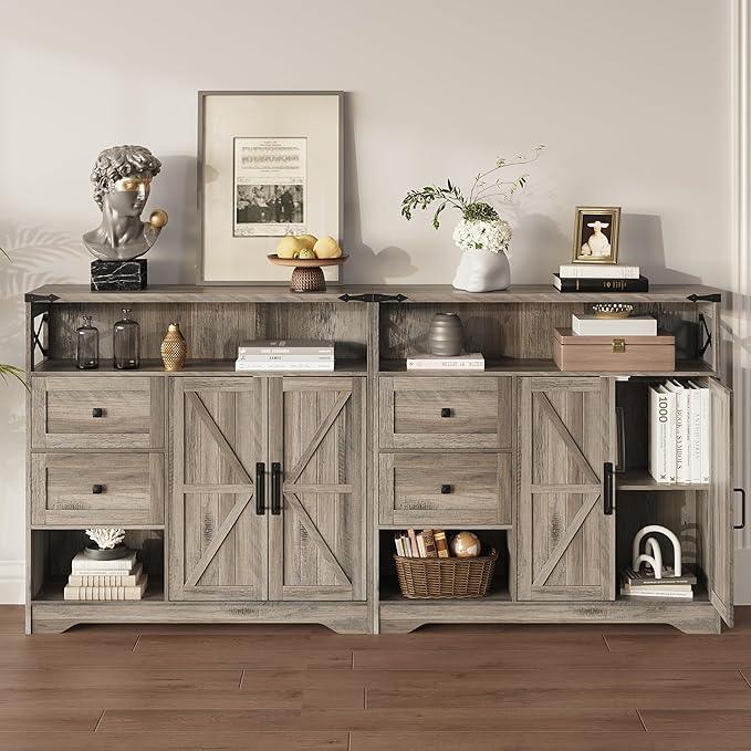 Fameill Farmhouse Storage Cabinet with Drawers and Open Storage,Freestanding Kitchen Pantry with 2 Barn Doors, Floor Cabinet with Adjustable Shelf for Living Room,Grey - ModernBath