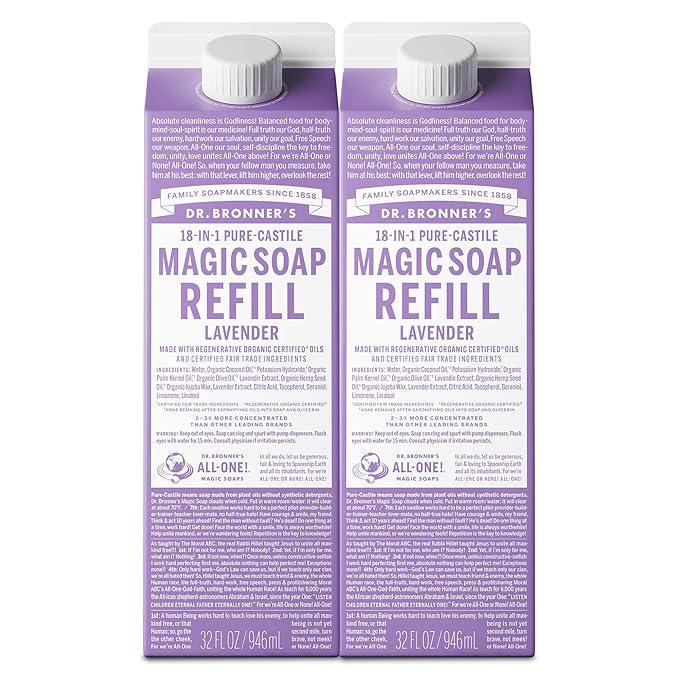 Dr. Bronner's Magic Soap-Pure-Castile Liquid Refill (Lavender, 32 ounce, 2-Pack) - Made with Regenerative Organic Certified Oils, For Body, Hair, Laundry, Pets & Dishes, Concentrated, Vegan, Non-GMO - ModernBath