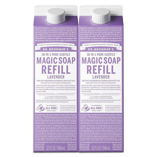 Dr. Bronner's Magic Soap-Pure-Castile Liquid Refill (Lavender, 32 ounce, 2-Pack) - Made with Regenerative Organic Certified Oils, For Body, Hair, Laundry, Pets & Dishes, Concentrated, Vegan, Non-GMO - ModernBath
