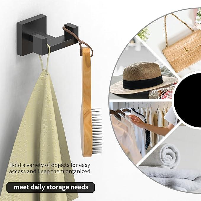 Ruacq Double Towel Hooks for Bathrooms, Heavy Duty Stainless Steel Square Bathroom Hooks, Wall Mounted Towel Hanger for Robe & Coat, Ideal for Kitchen, Bedroom, and Hotel Use(Matte Black) - ModernBath