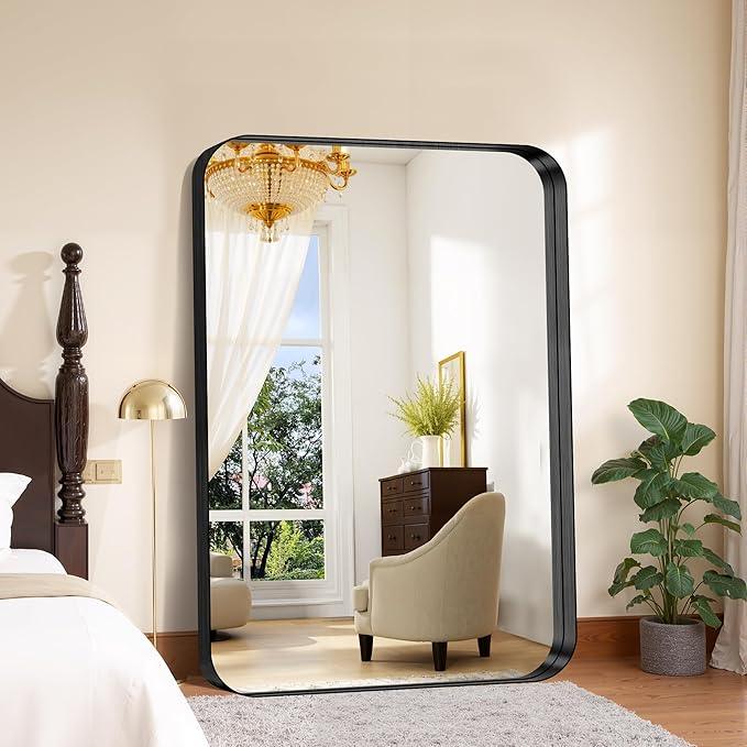 FORBATH 60x40 Inch Large Bathroom Mirror for Double Sinks, Brushed Black Deep Frame Wall Mirror with Rounded Corners, Anti-Rust Tempered Glass for Modern Farmhouse Vanity (Horizontal/Vertical) - ModernBath