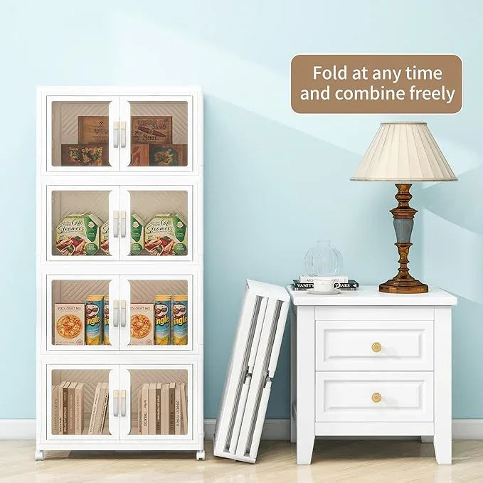 Large Clear Stackable Storage Bins with Lids, 180QT-45QT*4Tier Foldable Cabinet for Closet Organizers, Plastic Storage Box with Wheels White - ModernBath