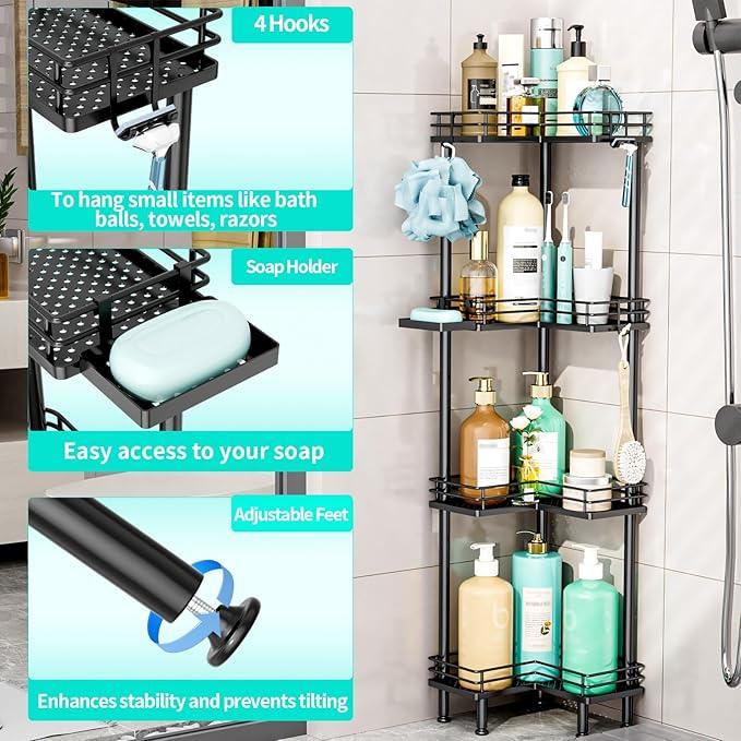 HapiRm Corner Shower Caddy Organizer - 4 Tier Shower Shelf Corner with Soap Holder, Rustproof Bathroom Standing Organizer with 4 Hooks, Black - ModernBath