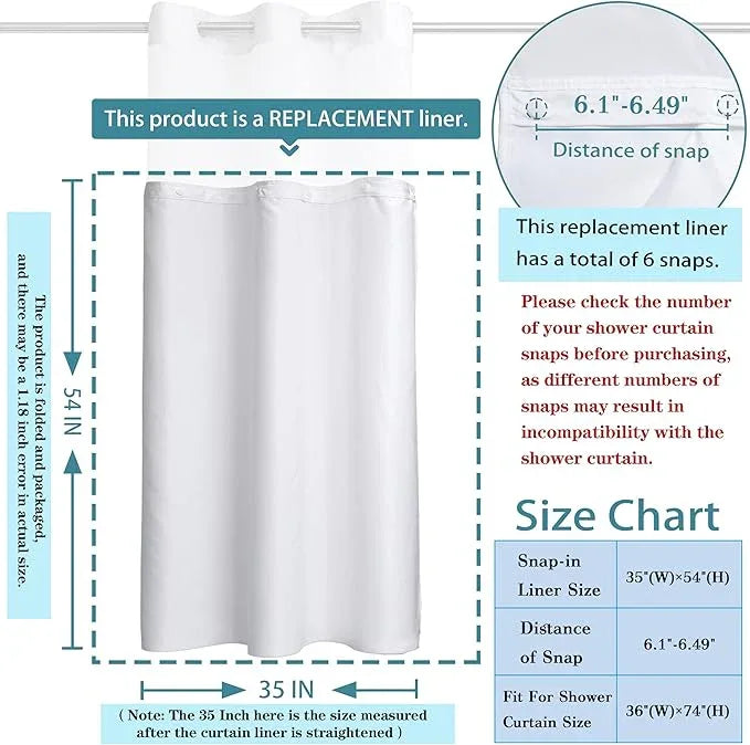 Conbo Mio 1 Pack Hotel Fabric Snap in Shower Curtain Liner Replacement Removable Water Repellent Liner for Bathroom Shower Curtain Liner 35W X 54H - ModernBath