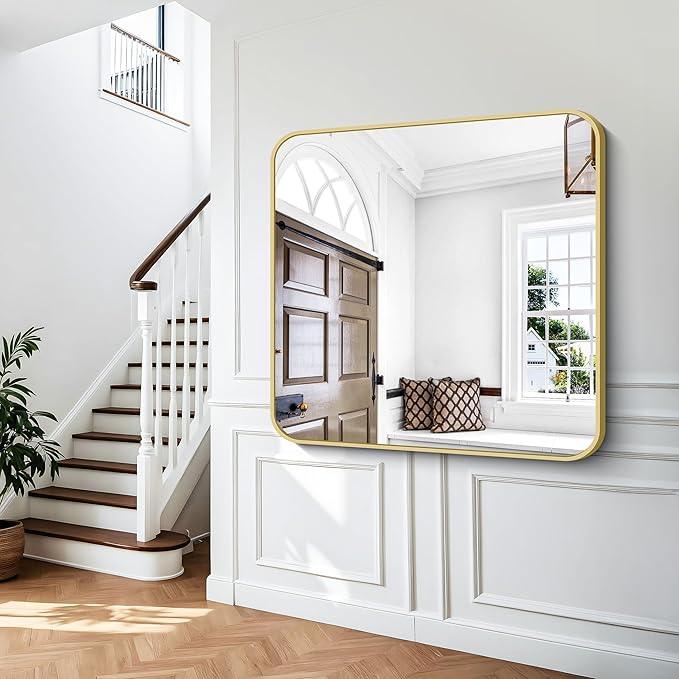 BONEWEI Gold Bathroom Mirror,48x48 inch Wall Mirror for Bathroom Wall Mounted,Round Rectangle Mirror for Bathroom Over Sink,Modern Frame for Home Decor Living Room,Bedroom Entryway,Horizontal/Vertical - ModernBath