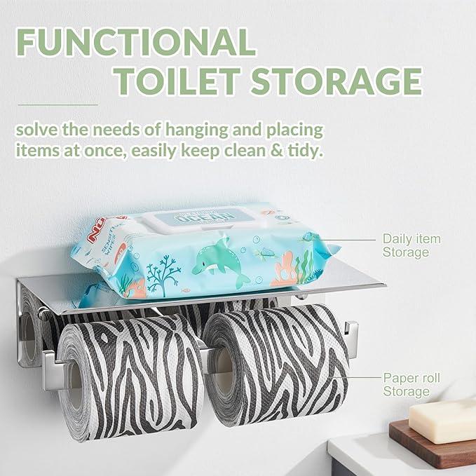 APLusee Double Toilet Paper Holder with Phone Shelf, 304 Stainless Steel Bathroom Tissue Hanger, Wall Mounted Dual Roll Paper Dispenser, Polished Chrome - ModernBath