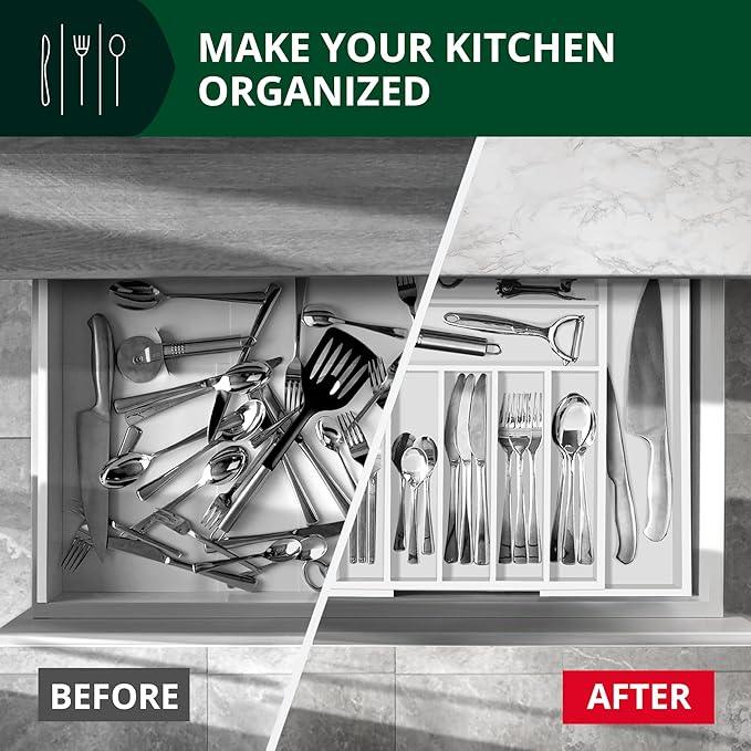 ROYAL CRAFT WOOD Luxury Bamboo Kitchen Drawer Organizer - Silverware Organizer - Utensil Holder and Cutlery Tray with Grooved Drawer Dividers for Flatware and Kitchen Utensils (9 Slot, White) - ModernBath