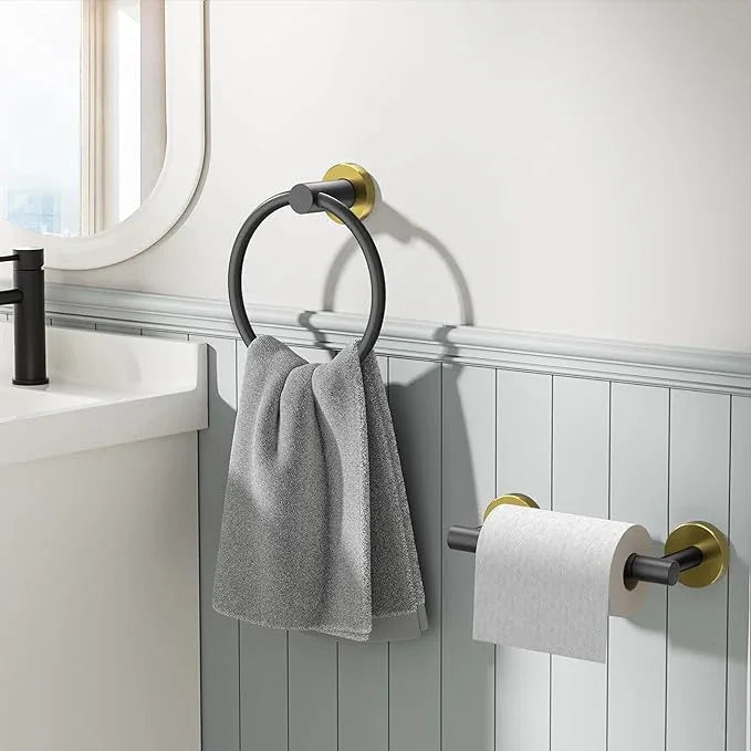 FORIOUS Toilet Paper Holder Wall Mount, SUS304 Stainless Steel Double Post Pivoting Tissue Roll Holder and Hand Towel Ring Set for Bathroom, RV, Bathroom Hardware Accessories Set, Black Gold - ModernBath