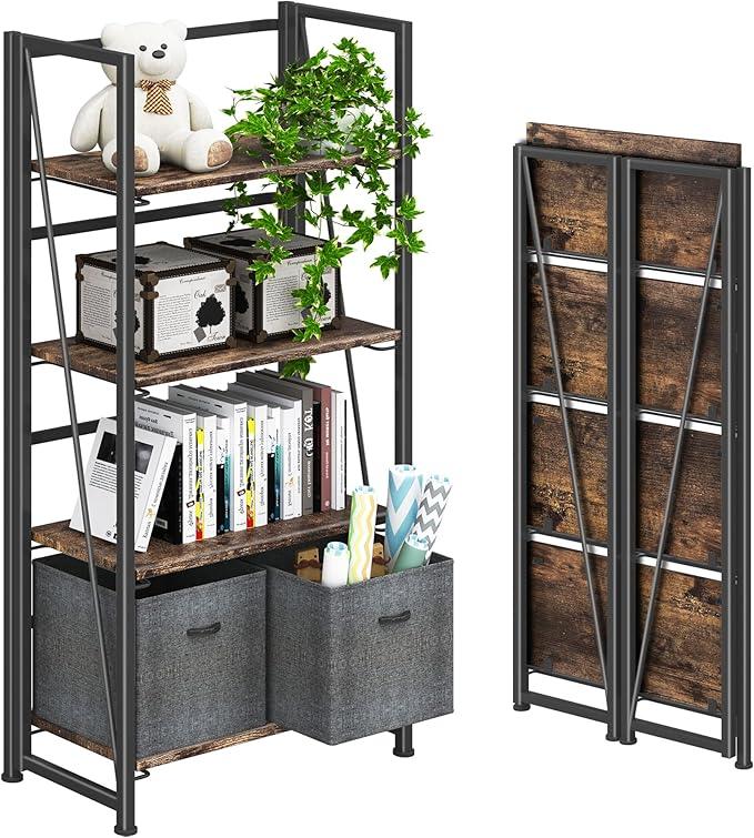 4NM No Assembly Folding Bookshelf Storage Shelves 4 Tiers Vintage Bookcase Standing Racks Study Organizer Home Office (Rustic Brown Black) - ModernBath