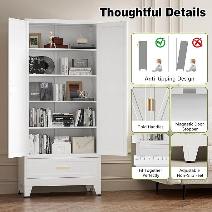 COFaR Metal Storage Cabinet, Farmhouse Storage Cabinet with 2 Doors and 4 Adjustable Shelves - 71" White Kitchen Pantry Storage 5-Tier Tall Steel Cabinets Locker for Kitchen, Living Room, Dining Room - ModernBath
