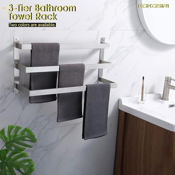 KOKOSIRI Bath Towel Bars Bathroom 3-Tiers Ladder Towel Rails Towel Holders Wall Mounted Towels Shelves Rack Brushed Stainless Steel, B5006BR-L24 - ModernBath