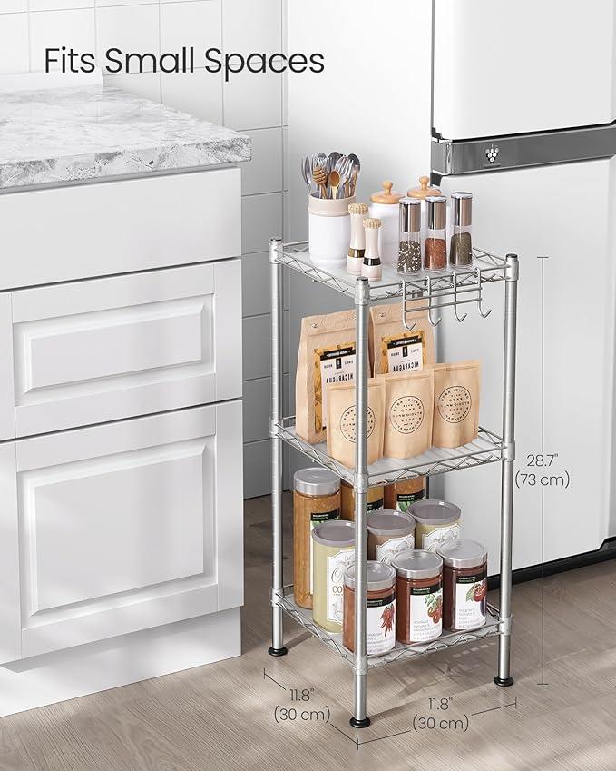 SONGMICS 3-Tier Bathroom Shelf, Storage Rack for Small Space, with 3 PP Shelf Liners, Removable Hook, Extendable Design, Silver and Translucent ULGR103E01 - ModernBath