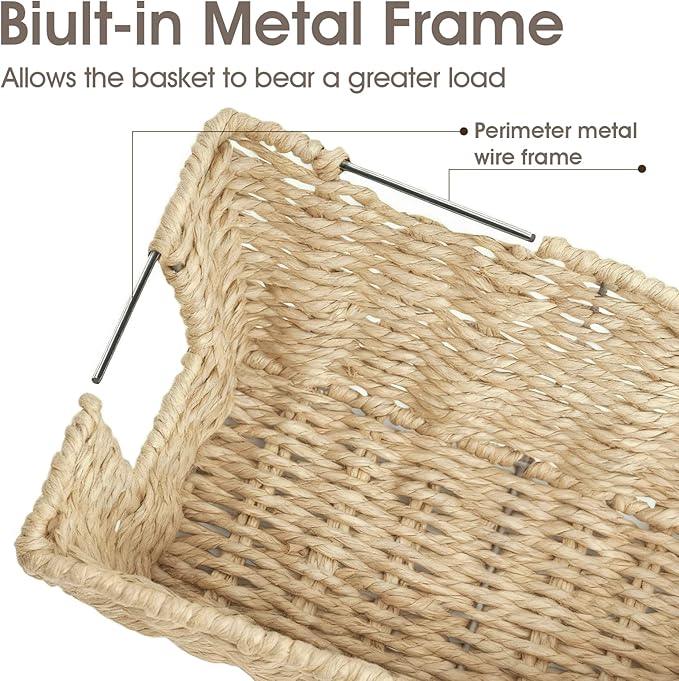 Paper Rope Storage Baskets for Shelves Organizing, Small Hand Woven Wicker Organizer Basket with Handle for Bathroom Toilet Paper Storage, Beige, 3-Pack - ModernBath
