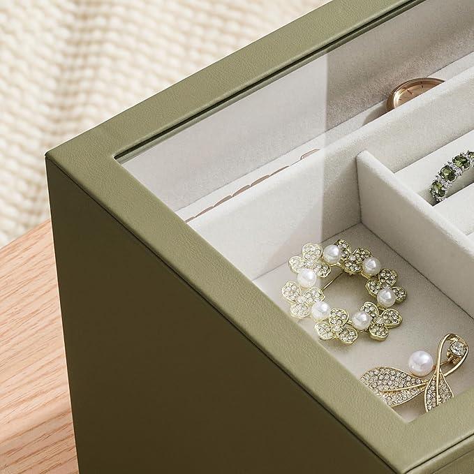 Jewelry Box Organizer Case for Women: 4-Layer Jewelry Storage Case with Glass Window, Olive Green Leather with Cream Velvet, Holder for Ring Necklace Bracelet Brooch Watch, Great Gift for Her - ModernBath