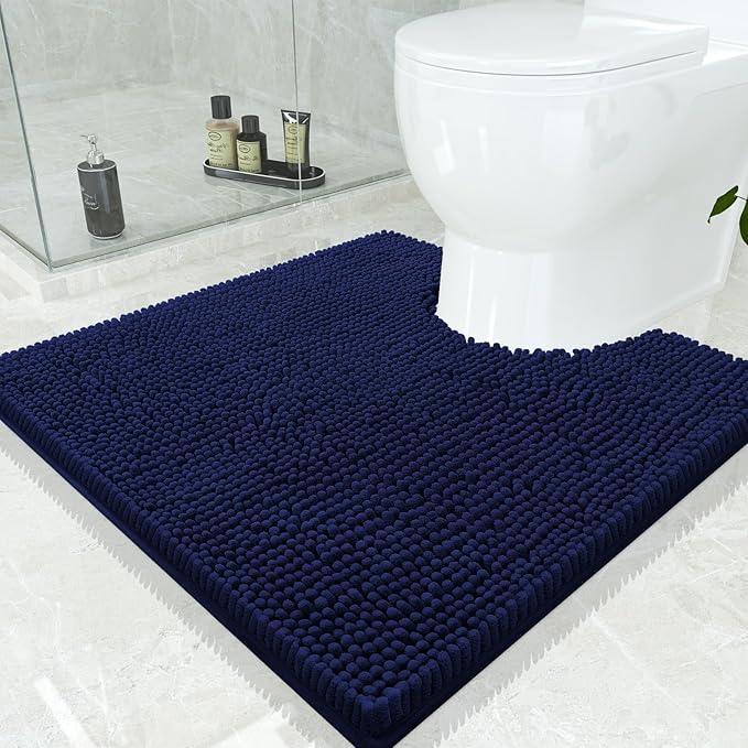 Smiry Luxury Chenille Toilet Rugs U-Shaped 24x24, Soft Absorbent Non-Slip Contour Bathroom Rugs for Toilet, Machine Washable Contoured Bath Mats, Navy Blue - ModernBath