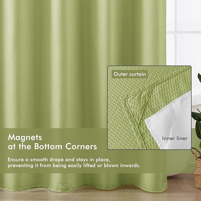 Mrs Awesome No Hook Shower Curtain with Snap-in Liner, Embossed Waffle Design Fabric Shower Curtain for Bathroom, Soft & Lightweight, 71x74, Sage Green - ModernBath