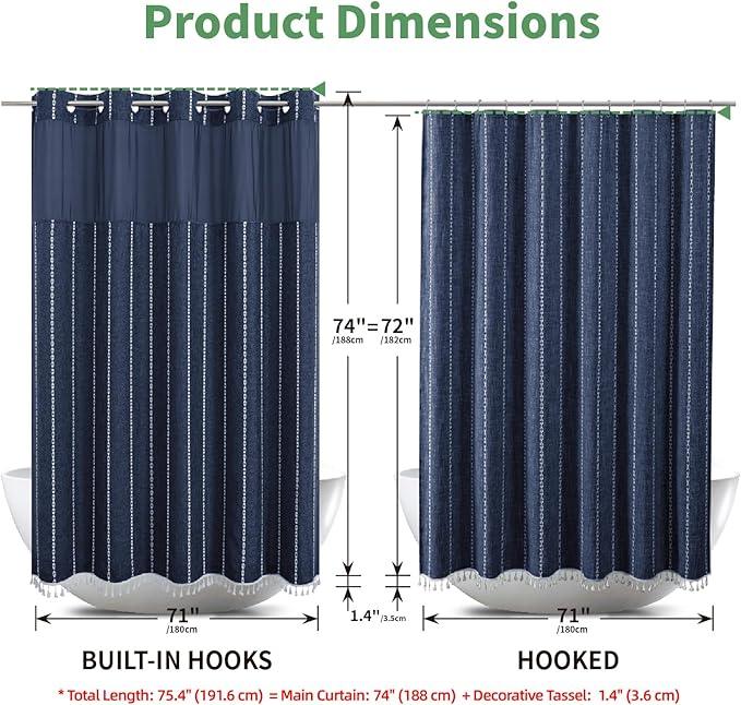 eachope No Hook Boho Farmhouse Shower Curtain with Snap-in Liner Set,Linen Rustic Heavy Duty Striped Fabric Shower Curtain with Tassel,Hotel Style Cloth Shower Curtains for Bathroom,Navy Blue,71x74 - ModernBath