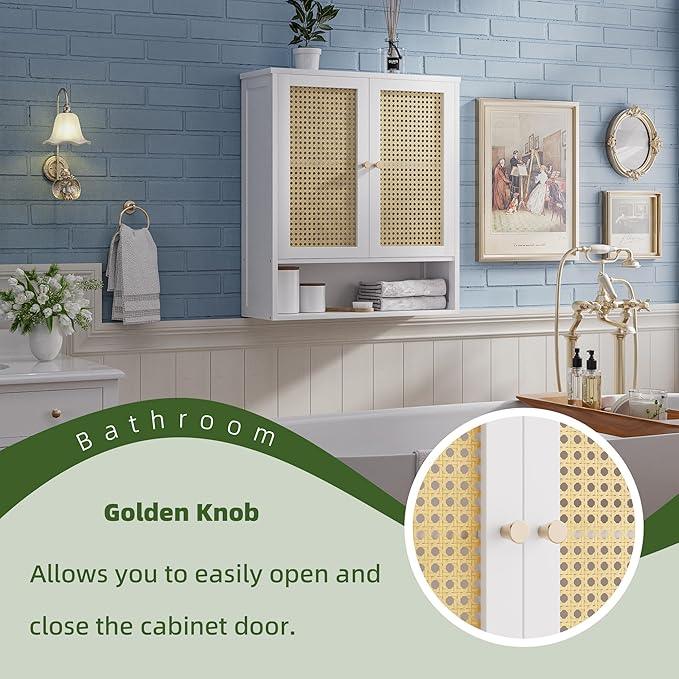 Bathroom Wall Cabinet, Bamboo Over-The-Toilet Storage Organizer with 2 Rattan Doors and Adjustable Shelf, Space Saver Medicine Cabinet for Laundry, Kitchen, Living Room (White) - ModernBath