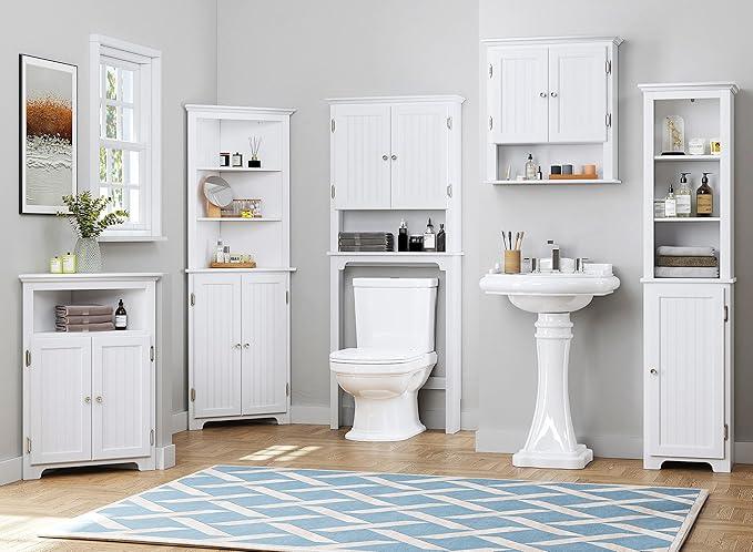 UTEX Over The Toilet Storage Cabinet, Over Toilet Bathroom Organizer with Adjustable Shelves and Double Doors, White - ModernBath
