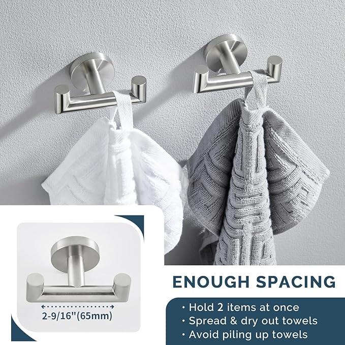 Angle Simple Towel Hook Brushed Nickel 2 PCS, SUS304 Stainless Steel Double Robe Hook, Bathroom Towel Holder, Wall Mount - ModernBath