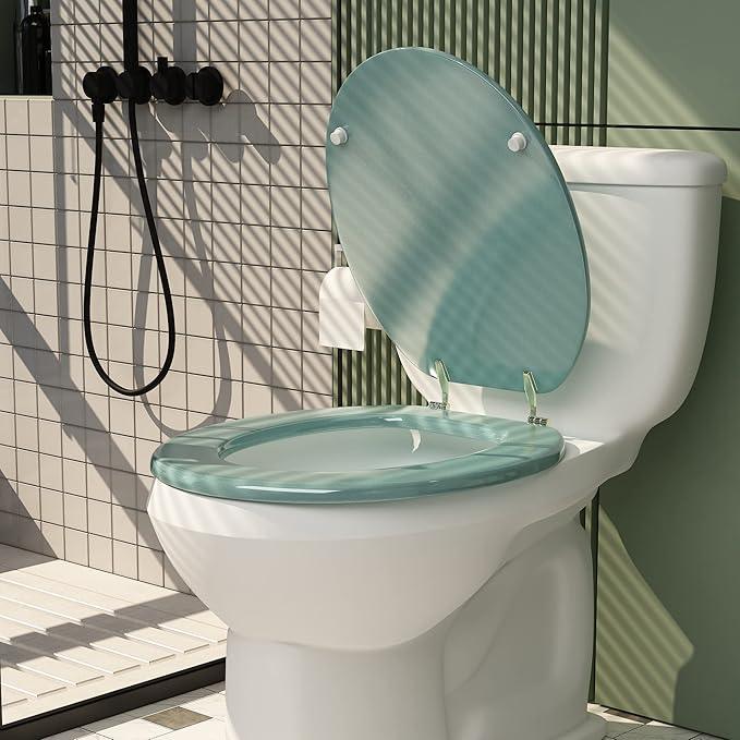 BLOFDE Round Toilet Seat Wood Toilet Seat Prevent Shifting with Zinc Alloy Hinges American Standard Size Toilet Seat Easy to Install also Easy to Clean(Round,Sparkling Turquoise) - ModernBath