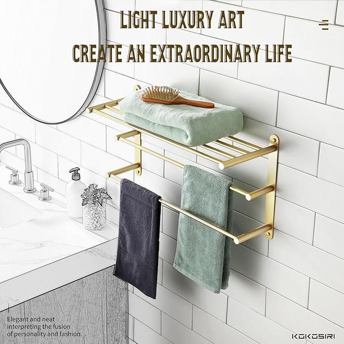 KOKOSIRI 3 Tier Bath Towel Rack 24 Inch Wall Mounted Rack with Towel Bars Towel Shelf with Single Towel Bar Bathroom Ladder Brushed Gold B5003BG - ModernBath
