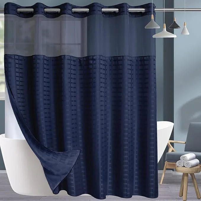 Conbo Mio Extra Wide No Hook Shower Curtain with Snap in Liner Set, 108" x 74" Hotel Luxury Navy Blue Shower Curtains for Bathroom with See Through Top Window, Waterproof, Washable 108W x 74H - ModernBath