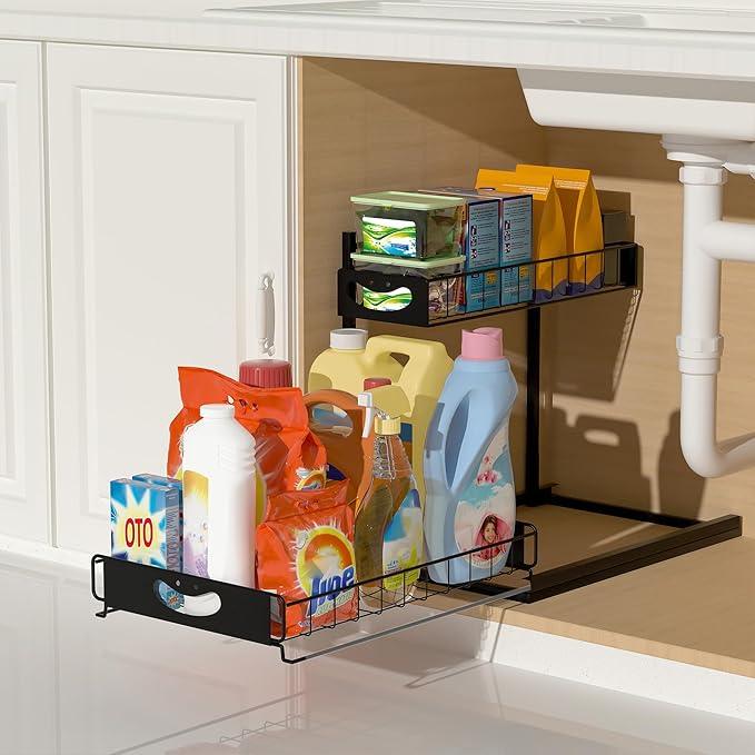 Under Sink Organizer with Pull-Out Drawers,Kitchen Sink Organizer,2 Tier Bathroom Organizers And Storage,Bathroom Accessories Set,Black 1 Pack - ModernBath