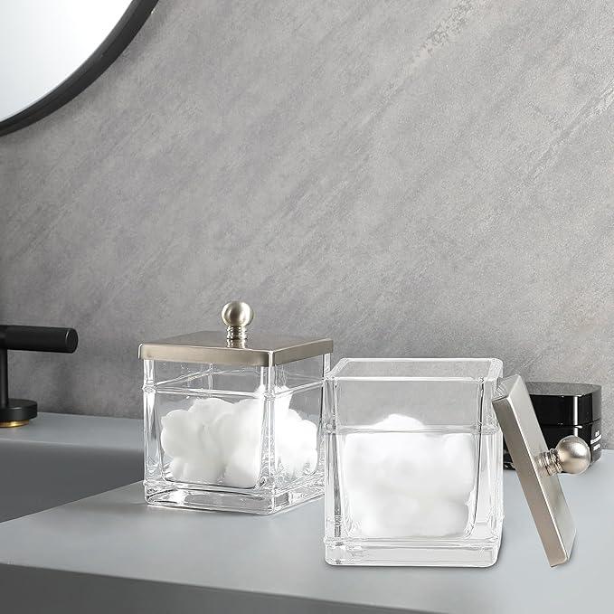 Indecor Home Glass Cotton Jar Holder 2 Pack– Satin Nickel Lid, Elegant Bathroom Storage Canister for Qtips, Cotton Balls, Floss, Makeup Organizer, Vanity & Bathroom Organization - ModernBath