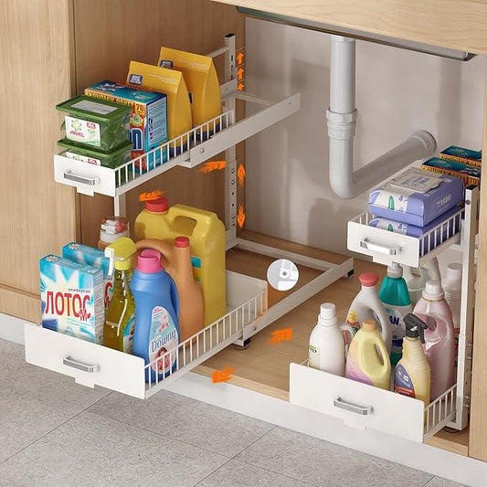Under Sink Organizer,2 Tier Slide Out Kitchen Cabinet Organizers with Pulley,Under Bathroom Sink Pull Out Organizer with Multiple Height Adjustments for Kitchen and Bathroom Cabinets (White) - ModernBath