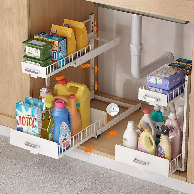 Under Sink Organizer,2 Tier Slide Out Kitchen Cabinet Organizers with Pulley,Under Bathroom Sink Pull Out Organizer with Multiple Height Adjustments for Kitchen and Bathroom Cabinets-White - ModernBath