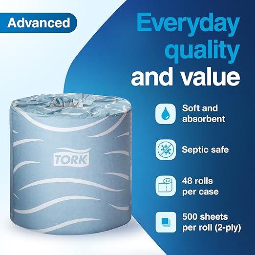 Tork Bath Tissue Roll Advanced 2-ply For everyday use at home Biodegradable 4x3.75", 500 sheets/roll, 48 rolls/case - ModernBath