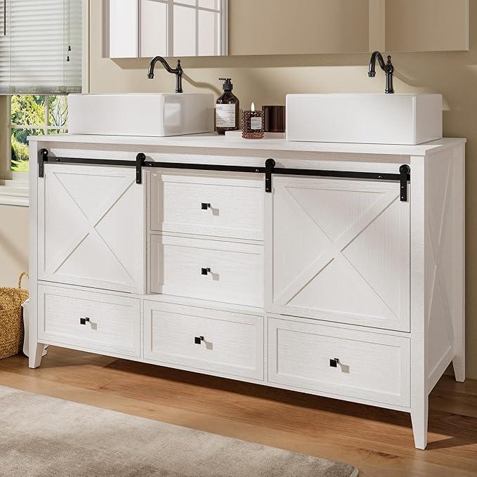 VNN Bathroom Vanity with Sink - 60 Inch Bathroom Vanity Double Sink Ceramic, Freestanding Cabinet with 2 Farmhouse Sliding Barn Doors and 5 Drawers, Space-Saving Storage Cabinet, White Wood Grain - ModernBath