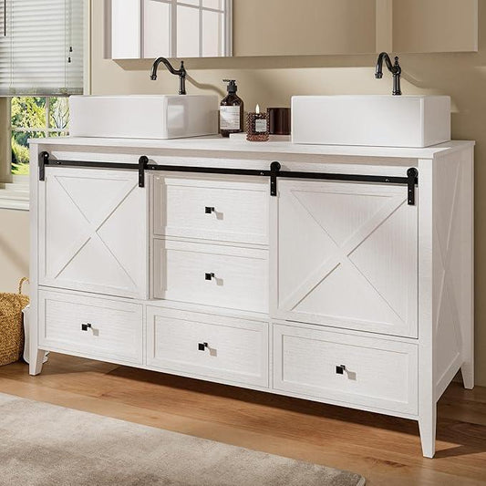 VNN Bathroom Vanity with Sink - 60 Inch Bathroom Vanity Double Sink Ceramic, Freestanding Cabinet with 2 Farmhouse Sliding Barn Doors and 5 Drawers, Space-Saving Storage Cabinet, White Wood Grain - ModernBath