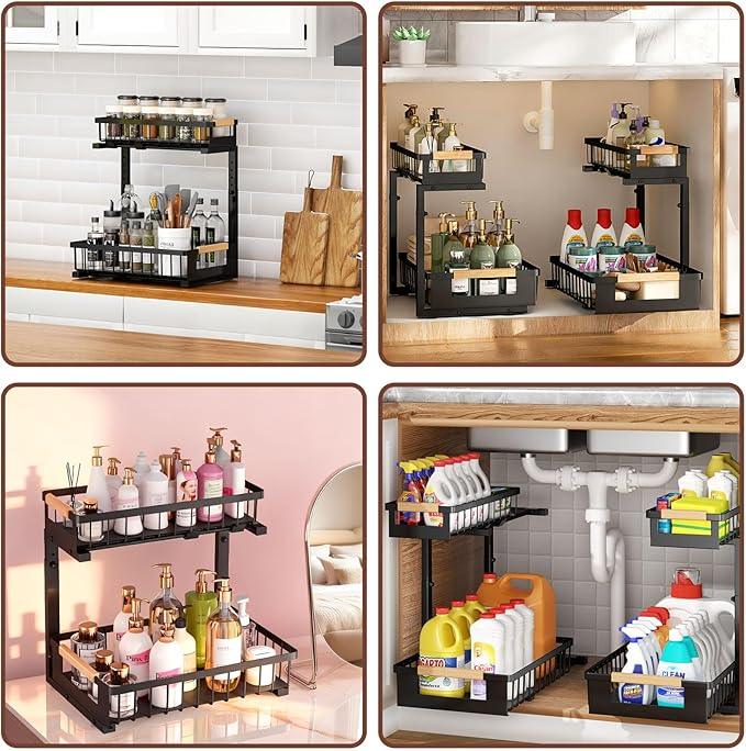 Under Sink Organizer 2-Pack Pull out Cabinet Organizer 2 Tier Metal Shelf Undersink Rack for Kitchen Bathroom Pantry Cabinet Organization and Storage, Black - ModernBath