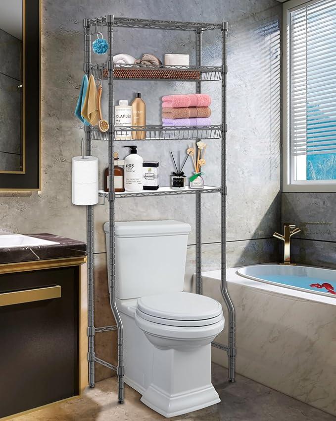 Over The Toilet Storage, 4-Tier Over Toilet Shelf Organizer Metal Storage Rack Freestanding Bathroom Space Saver with Adjustable Shelves and Baskets, Gray - ModernBath