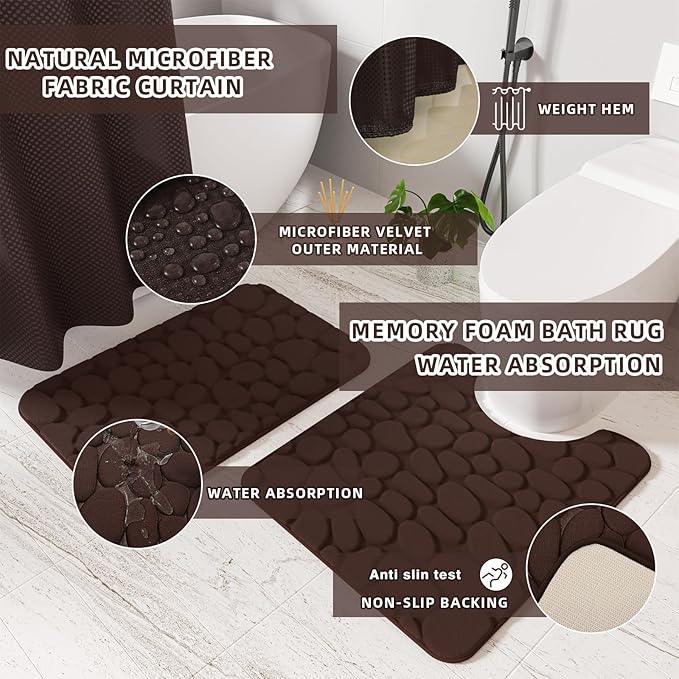 XLHOMO Bathroom Accessories Set - 25PC Bathroom Sets with Shower Curtain and Rugs, Brown Bathroom Accessories, Bathroom Accessory Set, Brown Shower Curtain Set, Trash Can & Soap Dispenser - ModernBath